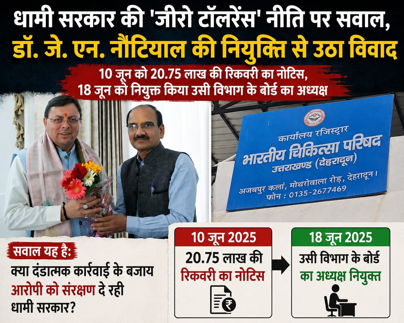 धामी सरकार की 'जीरो टॉलरेंस' नीति पर सवाल, डॉ. जे. एन. नौटियाल की नियुक्ति से उठा विवाद
